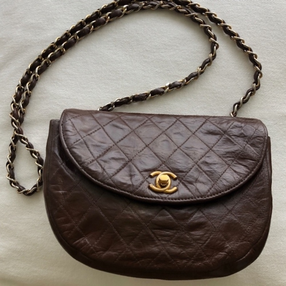 CHANEL Quilted Matelasse Flap Half Moon Brown Lambskin Leather Cross Body Bag
